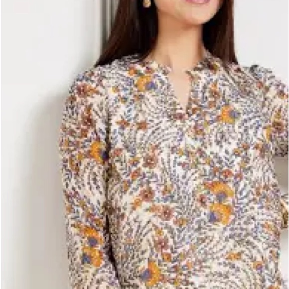 Talbots blue with green floral print cotton blouse with long sleeves size Large - Picture 1 of 11